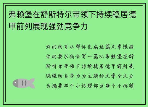 弗赖堡在舒斯特尔带领下持续稳居德甲前列展现强劲竞争力 弗赖堡在舒斯特尔带领下持续稳居德甲前列展现强劲竞争力
